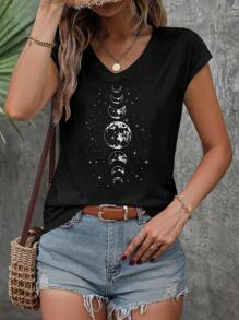 SHEIN LUNE 休闲新月印花V领修身女式T恤，适合夏季外出穿着，休闲百搭。 - 黑色 - 查看 7