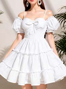 SHEIN 青少年女孩刺绣露肩荷叶边 A 字度假连衣裙，白色沙滩休闲度假装