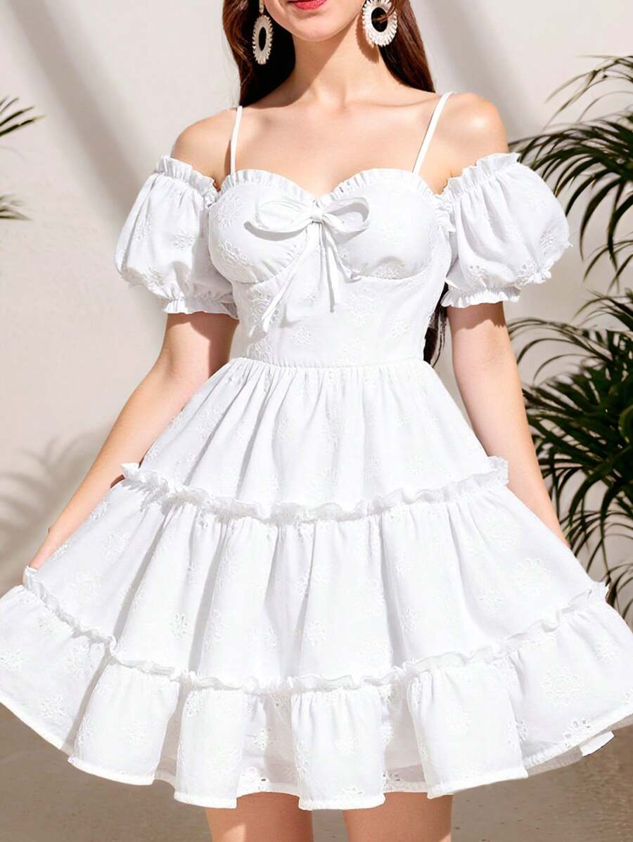 SHEIN 青少年女孩刺绣露肩荷叶边 A 字度假连衣裙，白色沙滩休闲度假装