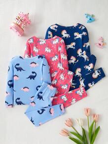 3pcs Set Young Girl Cartoon Print Snug Fit Crew Neck Long Sleeve Top And Pants Pajamas Set