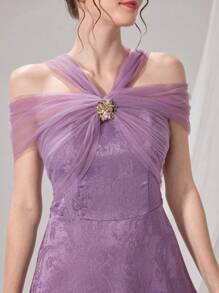 Poshira Women's Elegant Mesh Patchwork Jacquard Cold Shoulder Halter Formal Party Dress, Prom Dress