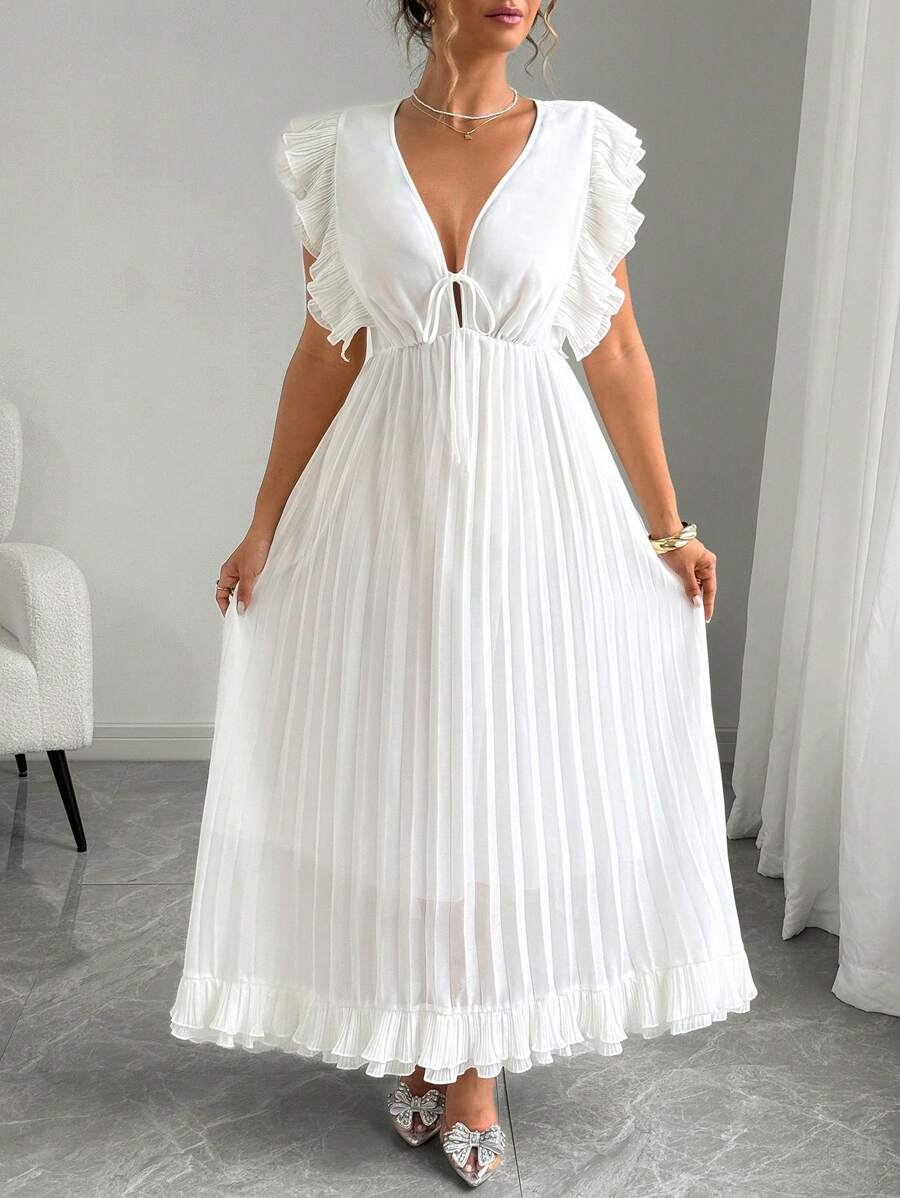 SHEIN Unity Plus Size Women Solid Deep V-Neck Tie Front Ruffle Sleeve Pleated Hem Elegant Dress - White - View 1