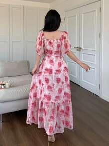 Modelyn Chiffon Batik Muster Quadratischer Ausschnitt A-Linie Kleid - Verschiedenfarbig - Übersicht 2