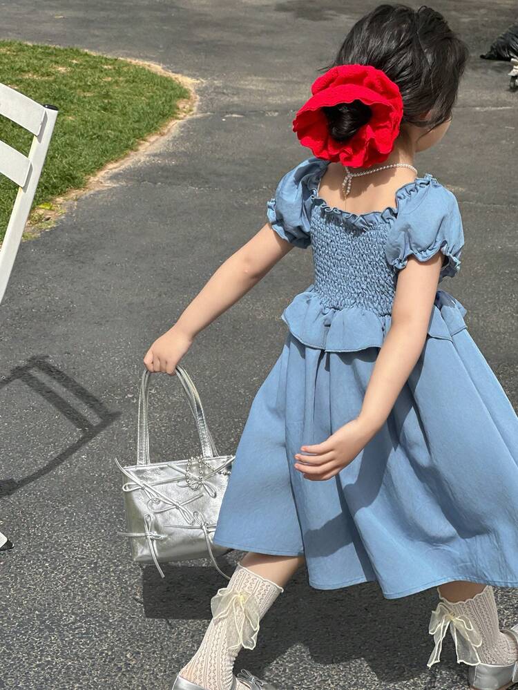 Young Girl Ruffled Bubble Short Sleeve Dress For Girls, Summer