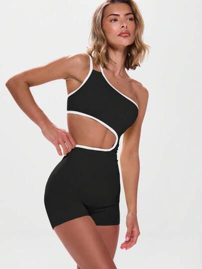 Musera Sport 不对称领口撞色滚边镂空连体运动服，适合健身房、板式网球、网球、匹克球、瑜伽、普拉提等运动，日常休闲穿着。