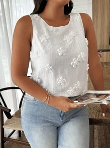 SHEIN Clasi Plus Size Women 3D Floral Decor Sleeveless Round Neck Fashion Blouse - White - View 3