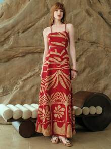 Arave Váy vải lanh thanh lịch, eo thắt eo, cổ vuông, phong cách ngày lễ thời trang và tinh tế - Đỏ - Xem 8