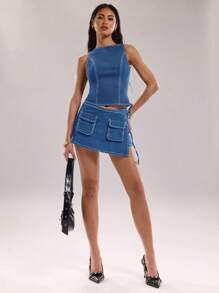 SHEIN BAE Women's Sleeveless Backless Denim Crop Top With Topstitching