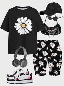 SHEIN Leap Crew 2pcs Tween Girls Casual Mini T-Shirt And Shorts Set, For Summer - Multicolor - View 2