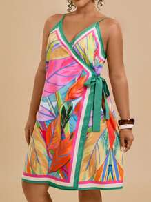 Travachic Plus Size Allover Print Cross Wrap Knotted Cami Dress Women Plus Sun Dress Women Short Dresses Summer Tropical Dresses For Women,Sun Dresses For Women - Multicolor - View 4