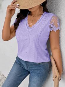 SHEIN Frenchy Plus Size Vacation Casual Solid Color Lace Patchwork T-Shirt - Mauve Purple - View 5