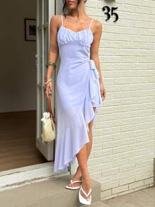 Sunnyshic 蓝色下摆开衩荷叶边系腰连衣裙 - 藍色 - 查看 5