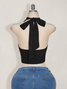 SHEIN ICON Plus Size Black Halter Tied Bow Backless Knit Top, Front Tie Bow Blouse, Y2K Basic Halter Neck Shirt