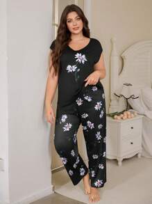 SHEIN Daisy Printed V-Neck Short Sleeve Casual Loungewear Set - Black - View 3