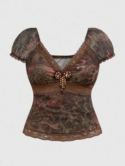 Grunge Punk Plus Size Women's Retro Hippie Vintage Style Ruffled Ribbon Lace Paisley Print Blouse