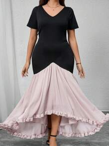 Modelyn Plus Size Women's V-Neck Short Sleeve Contrast Color Ruffle Hem Elegant Dress