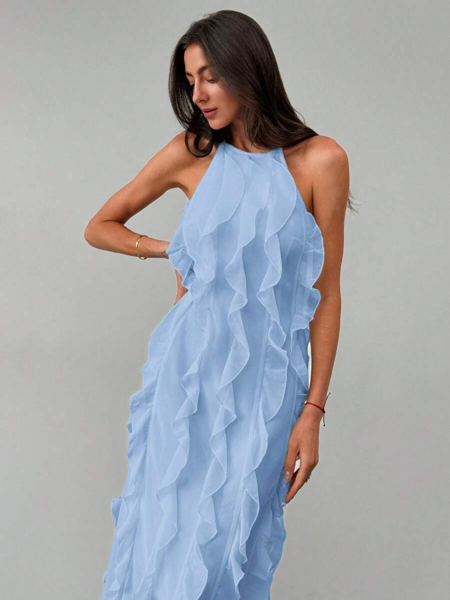 Aloruh Váy hở lưng thanh lịch không tay có chi tiết xếp nếp nhiều lớp, phong cách nữ thần duyên dáng, làm thon gọn và dài ra, mùa xuân/hè - Màu xanh lam - Xem 1