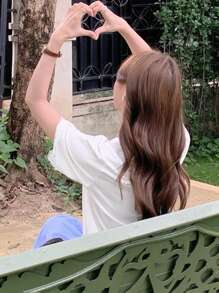 DAZY 女士休闲纯色撞色蕾丝宽松短袖 T 恤可爱上衣，商务休闲女装 - 白色 - 查看 6