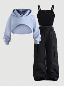 3pcs/Set Teen Girl Hoodie Jacket, Spaghetti Strap Backless Top, And Elastic Waist Cargo Pants - Multicolor - View 1