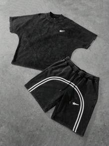 Manfinity Streetrush 2pcs Men Casual Set, Includes Loose Bat Wing Short Sleeve Top With High Collar & Stripe/Star Pattern And Elastic Waist Cotton Shorts, Suitable For Street, Sports, Vacation, School, Daily Commute, Great Gift Idea For Boyfriends/Husbands, Unisex Couple Outfit 2 Pieces Set Men Short Men Sports Shorts Set Short Set Male Shorts Set Men Shorts 2 Pieces Set