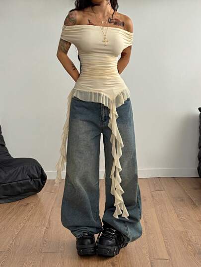 Coolane Camisetas de mujer de verano con volantes asimétricos y hombros descubiertos, de estilo casual, de vacaciones y de conciertos, con estiramiento tipo mantequilla, en estilo Y2K