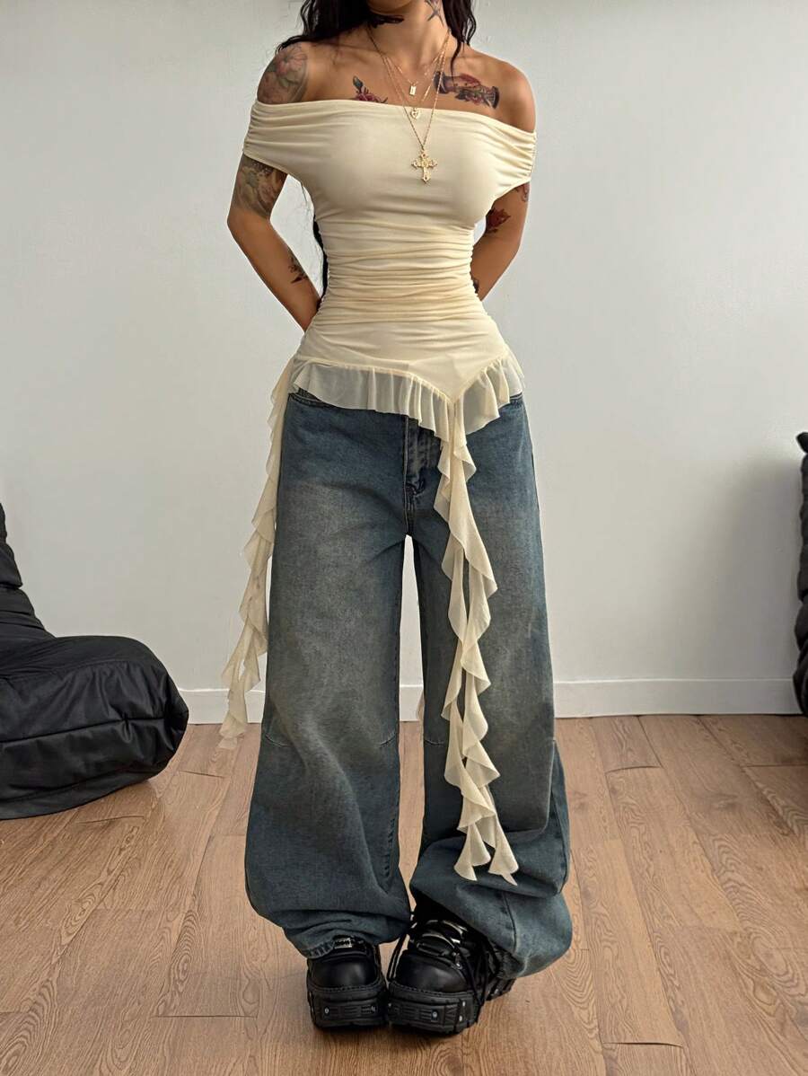 Coolane Camisetas de mujer de verano con volantes asimétricos y hombros descubiertos, de estilo casual, de vacaciones y de conciertos, con estiramiento tipo mantequilla, en estilo Y2K - Albaricoque - Ver 1