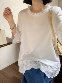 FRIFUL Camiseta de manga corta casual y holgada con cuello redondo y parches de encaje para mujer, para verano