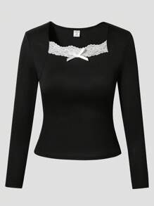 SHEIN Tween 女童方领蕾丝边修身长袖上衣，优雅时尚衬衫，非常适合青少年和年轻女士 - 黑色 - 查看 1
