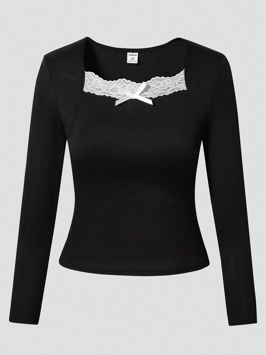 SHEIN Tween 女童方领蕾丝边修身长袖上衣，优雅时尚衬衫，非常适合青少年和年轻女士 - 黑色 - 查看 1