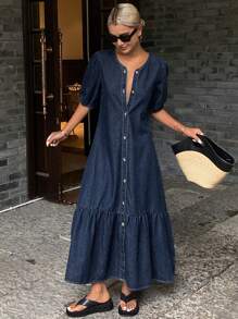 Livesso Women's Casual Front Button Down Long Denim Dress, Spring/Summer