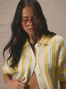 MUSERA Cardigan court à manches courtes, boutonnage traversant, épaules tombantes, style oversize rayé. printemps-été, idéal pour les vacances, la plage, l'aéroport, le quotidien chic - Jaune citron - Voir 5