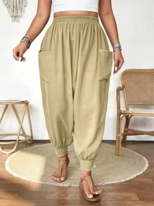 Calvaya Pantalones casuales sueltos de talla grande para mujer, de unicolor, con cintura elástica, bolsillos y cordón, hasta el tobillo - Caqui - Ver 5
