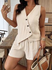 EMERY ROSE Bộ đồ thường ngày vest và quần short một hàng khuy đơn màu trơn cỡ lớn dành cho nữ - Màu be - Xem 3