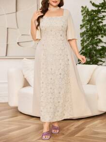 Modelyn Plus Size Women's Ruffled Sleeves Embroidered Patchwork Elegant Midi Dress For Evening Party/Wedding Guest/Anniversary - Multicolor - View 5