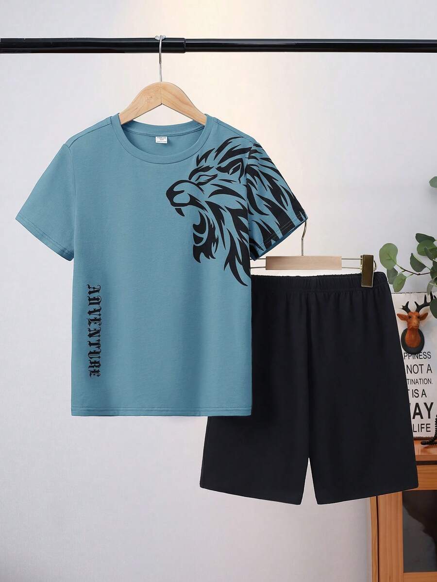 SHEIN 2pcs Tween Boy Summer Loose Casual Lion Graphic T-Shirt And Shorts Knit Loungewear Set - Blue - View 1