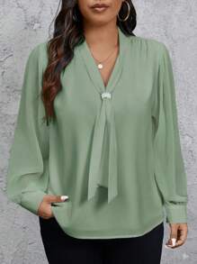 SHEIN Privé Blusa Elegante de Manga Longa com Design de Laço, Cor Sólida, Plus Size para Mulheres - Verde Menta - Visão 5