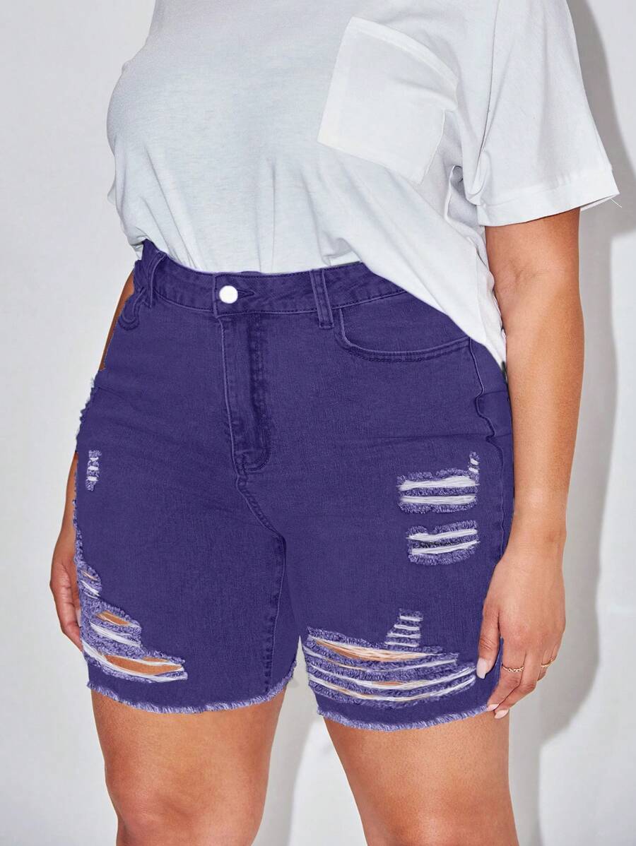 SHEIN SXY 大码夏季休闲水洗破洞牛仔短裤 - 紫色 - 查看 1