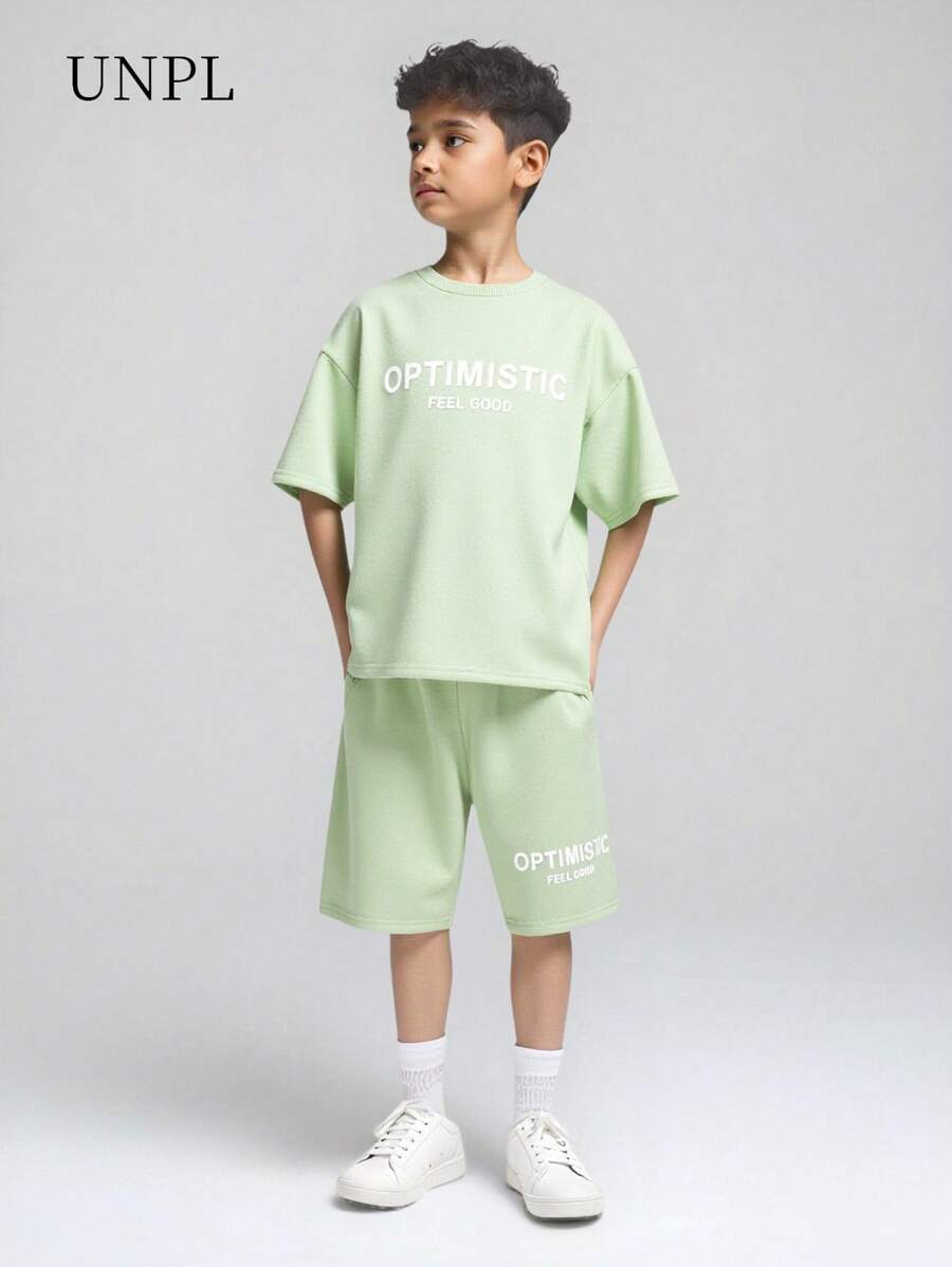 SHEIN Explorewe 2pcs/Set Tween Boys' Letter Print T-Shirt Set, Summer - Green - View 1