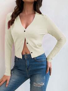 Chiquease Solid Color Front Button Casual Versatile Long Sleeve White Cardigan Fall Winter Cloth For Women - Beige - View 4