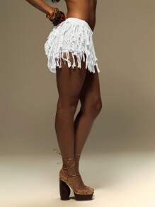 MUSERA 针织层叠毛边迷你裙 夏季度假 节日 Y2K 海滩度假 伊比沙岛 秋冬 时尚新娘 单身派对 告别单身派对 婚礼 春季 - 白色 - 查看 3