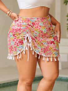 Swim Mod Plus Size Women Ditsy Floral Tassel Hem Cover-Up & Skirt Set, For Resort For Summer Beach Vacation - Multicolor - View 4