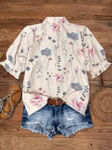 EMERY ROSE 优雅通勤花卉印花宽松开衫短袖衬衫 - 彩色 - 查看 2