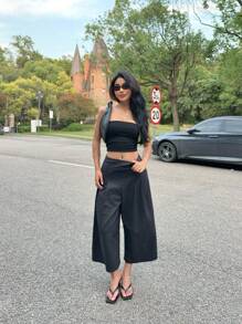 Comfortcana Women's Solid Color Pleated Wide Leg Loose Casual Shorts - Black - View 6