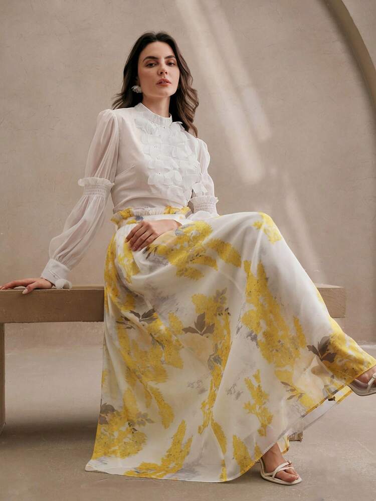 Women's Holiday Floral Print Frill Trim Maxi Skirt