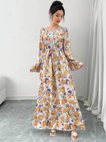 Yasmyna Women's Elegant Floral Print Patchwork Ribbon Dress - Orange - View 6