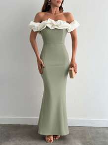 EURMUSE Two Tones Off Shoulder Ruffle Trim Bodycon Dress, Elegant Dress - Mint Green - View 1