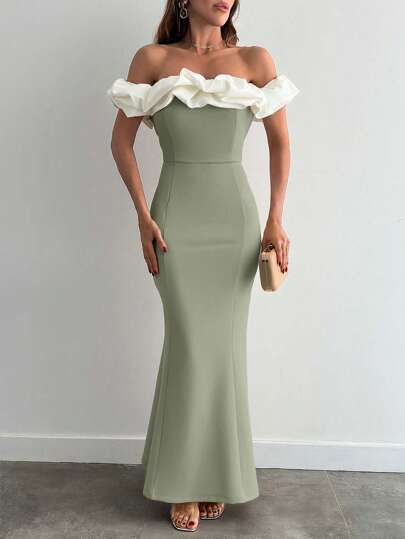 EURMUSE Two Tones Off Shoulder Ruffle Trim Bodycon Dress, Elegant Dress