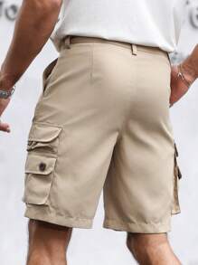 Manfinity Homme Men's Solid Color Utility Pocket Relaxed Casual Shorts Men Shorts Cargo - Khaki - View 4
