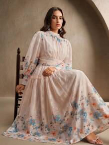 Anewsta Damen Frühling und Sommer Mode große Größen Positionsdruck langärmlig plissiertes elegantes hochwertiges Positionsdruck langes Kleid