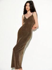 Aveloria Affinna Vestido de tirantes finos elegante, sexy y versátil con acabado metalizado de textura en negro y dorado